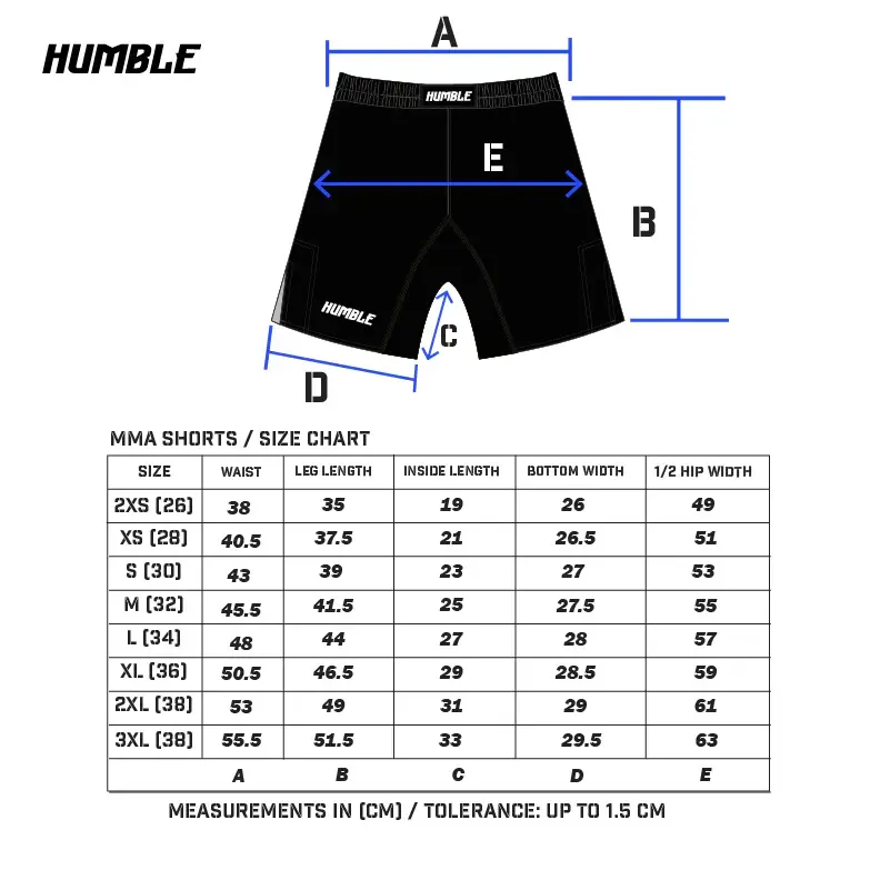 Humble Fightware BJJ Shorts Size Chart