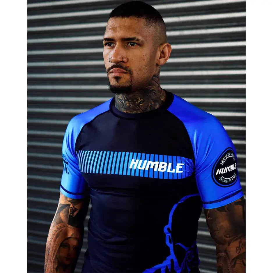 Humble Ranked Rashie worn by model - Blue