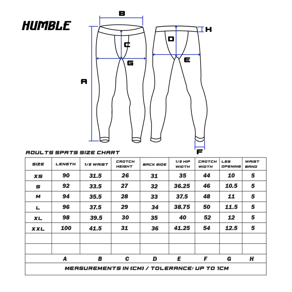 Humble Spats size chart