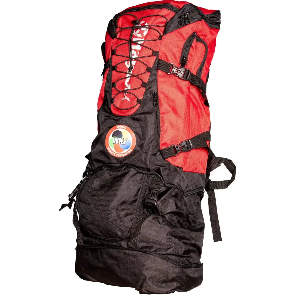 See the fully extended view of this karate bag with the zip compartment below the top laoding red part of the bag