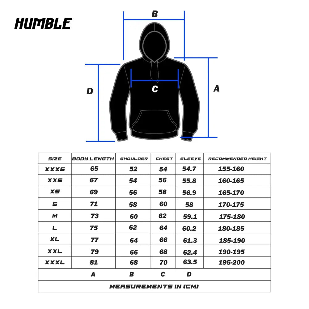 Humble Hoodie Size Chart