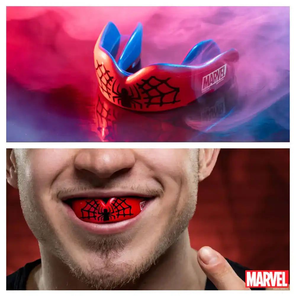 Spider-Man themed red mouthguard with web pattern design and blue accents.