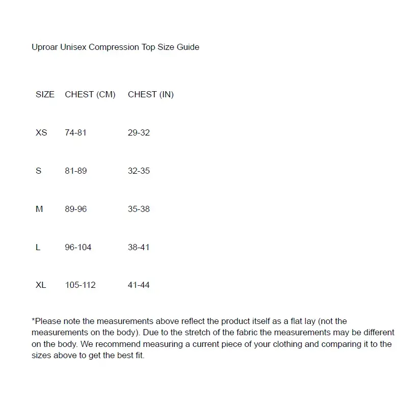 Uproar Compression Shirt Size Chart