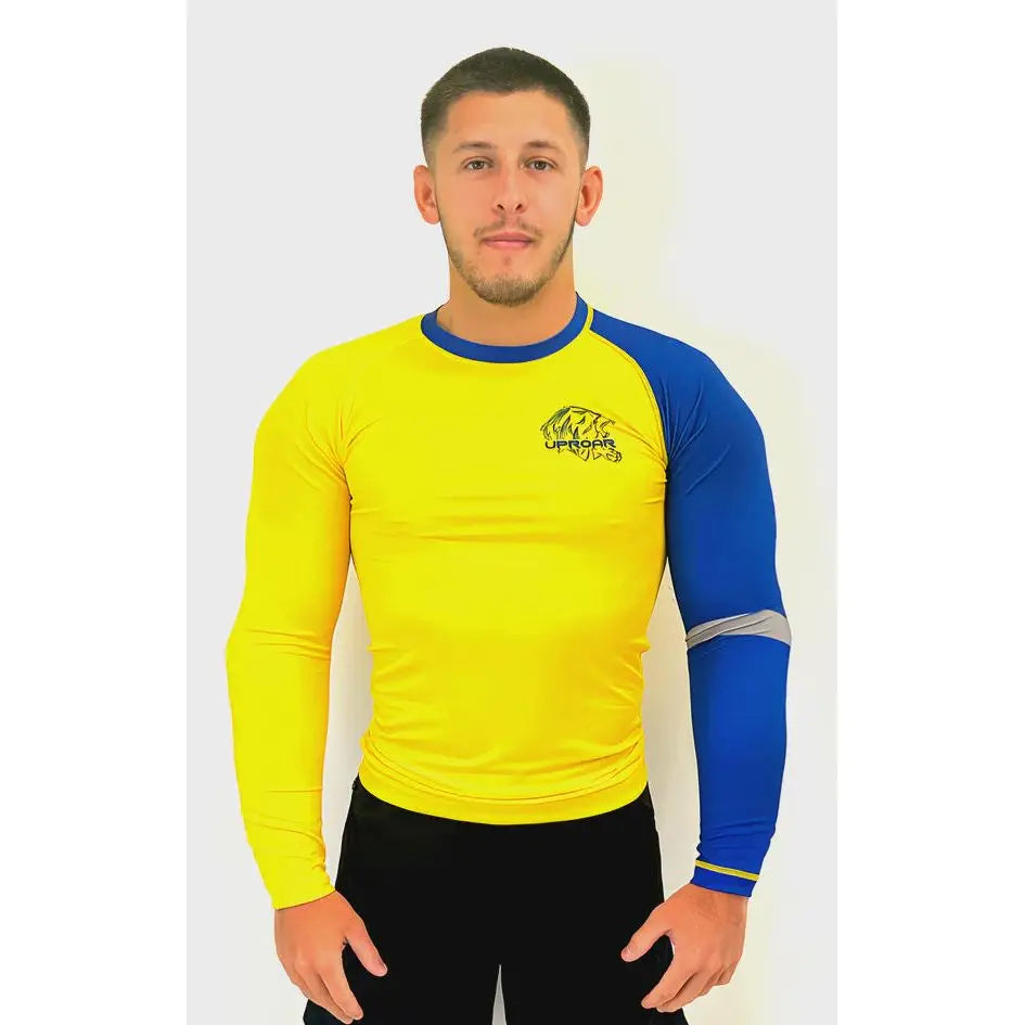 Uproar Mens BJJ Rash Guard Brazilian Bomba Yellow with Blue Arm