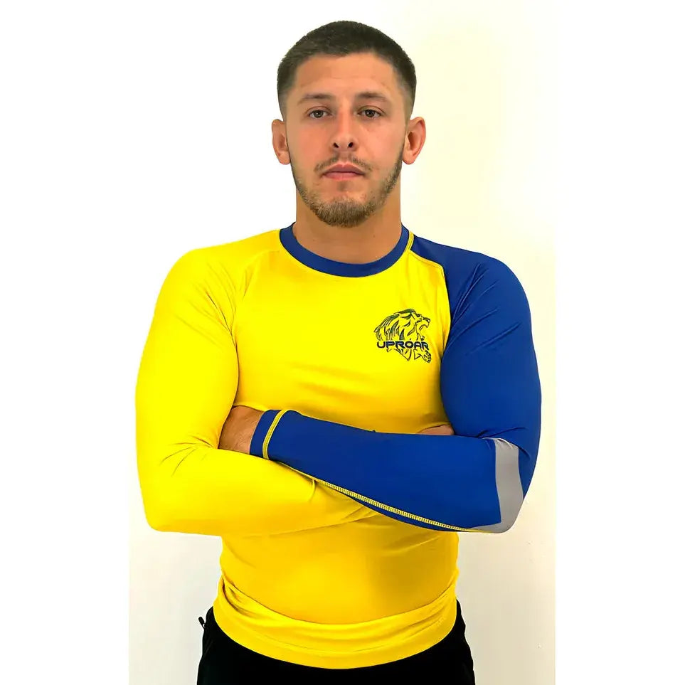 Uproar Mens BJJ Rash Guard Brazilian Bomba Yellow with Blue Arm